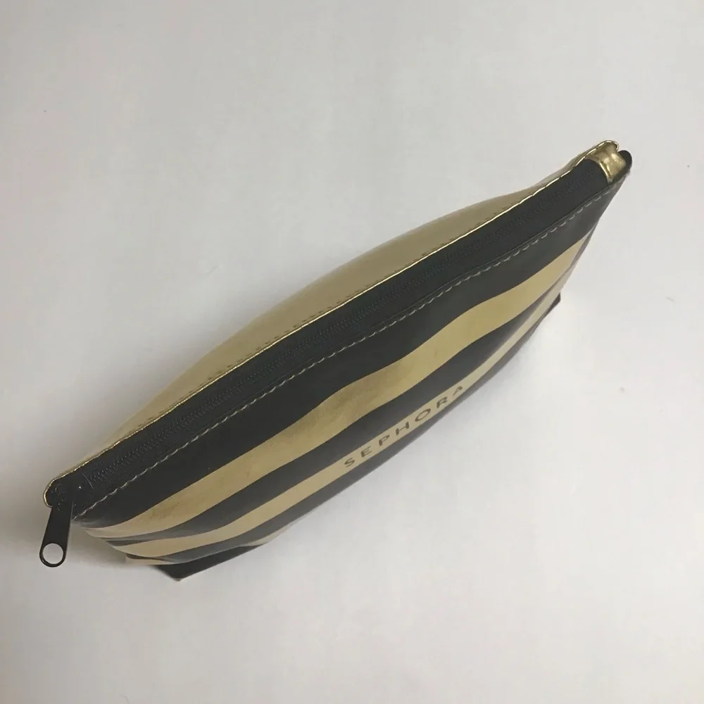 Sephora Makeup Bag Black Gold Stripe Cosmetic Pouch Beauty Organizer Travel 5x8